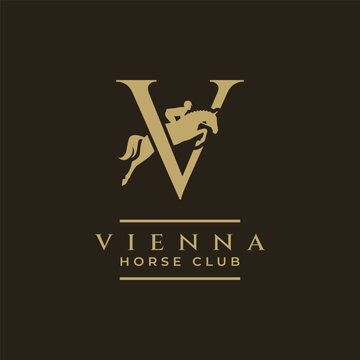 Elegant luxury letter V monogram horse jumping logo, letter V horse logo, show jumping horse logo, logo type, typography