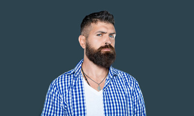 handsome bearded guy wear checkered shirt on grey background