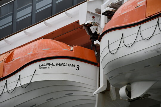 Carnival cruise ship Panorama lifeboats closeup.
