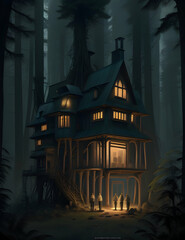 Fototapeta na wymiar Unseen Encounters: Hidden House in the Dark Forest.