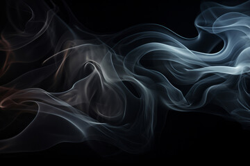 Smoke, incense or gas in a studio with dark background by mockup space for magic effect with abstract. Fog, steam or vapor mist moving in air for cloud smog pattern by black backdrop with banner.