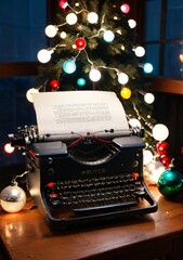 Christmas Lights Draped Over A Vintage Typewriter, In A Writer'S Studio.