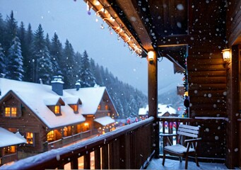 Christmas Lights On A Ski Lodge Balcony, With Snow Falling Softly.
