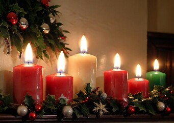 Christmas Themed Candles On A Mantelpiece, In A Dim Room.