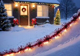Christmas Tinsel In A Snowy Outdoor Setting, At Evening.
