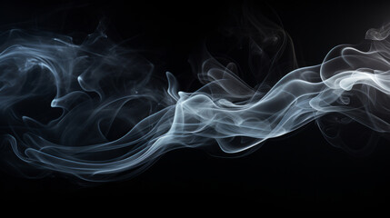 Obraz premium Smoke, incense or gas in a studio with dark background by mockup space for magic effect with abstract. Fog, steam or vapor mist moving in air for cloud smog pattern by black backdrop with banner.