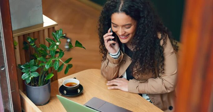 Remote work, phone call and a woman at a cafe with a laptop for communication or email. Happy, talking and a young female entrepreneur or freelance worker with a mobile and pc for networking