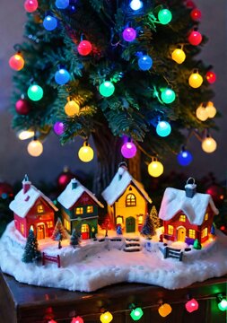 A Christmas Village Set Up Under A Tree, With Colorful Lights.