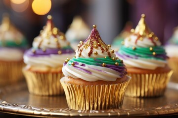 Mardi Gras Cupcakes. blurred background --ar 3:2 --v 5.2 Job ID: b77c9726-77aa-48f1-ae7d-d5edae011518