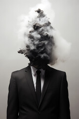 Black fumes hanging from a man's head