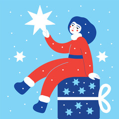 Obraz na płótnie Canvas Christmas Eve art with female Santa among blue sky, stars and snow. Hand drawing vector, minimalistic simple trendy style. Print, cover, wall art, card or decoration.