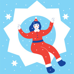 Naklejka premium Christmas Eve art with female Santa among blue sky, stars and snow. Hand drawing vector, minimalistic simple trendy style. Print, cover, wall art, card or decoration.