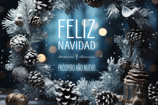 Christmas Card - Merry Christmas and Happy New Year in Spanish language: Feliz Navidad y próspero Año Nuevo
