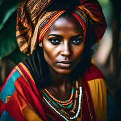 A sad Ethiopian beautiful young woman. Brightly colored clothing. Intense look.