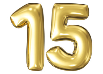 gold number 15 - balloon 3d render