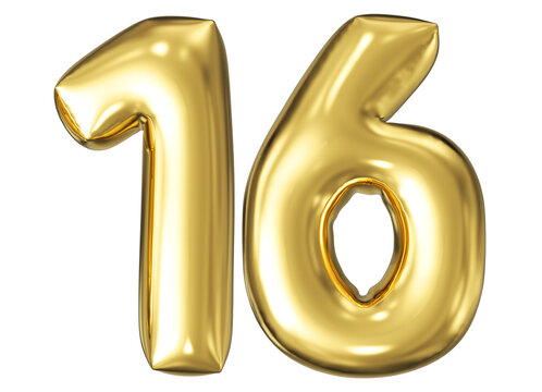 gold number 16 - balloon 3d render