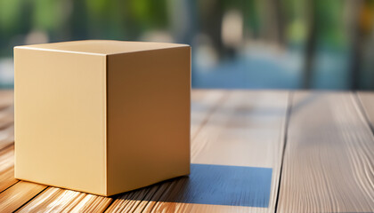 Plain Cardboard Box on Wooden Table with Blurred Outdoor Background