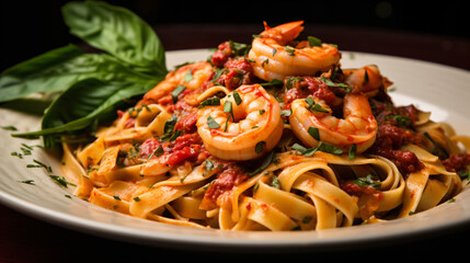 A plate of pasta with shrimp and tomato sauce
