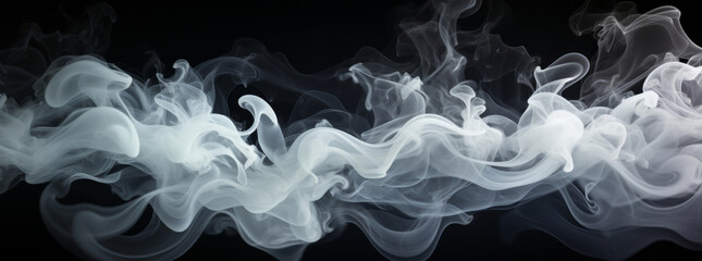 Fototapeta premium Smoke, incense or gas in a studio with dark background by mockup space for magic effect with abstract. Fog, steam or vapor mist moving in air for cloud smog pattern by black backdrop with banner.