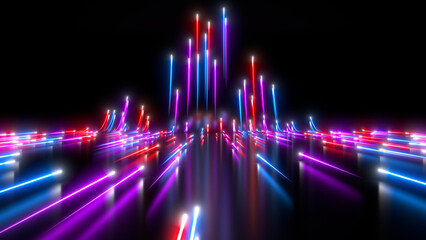 Sci Fi neon glowing particles in a dark hall. Reflections on the floor and walls. Colorful neon lines sliding up over the black background. 3d rendering image. Technology futuristic background. - obrazy, fototapety, plakaty