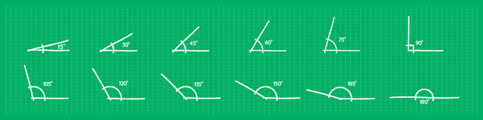 different angle degrees doodle vector illustration. obtuse acute mathematical 30, 45, 60, 90, 120, 180 degree triangle. measure and geometric math symbol collection set. Educational school learning - obrazy, fototapety, plakaty