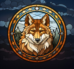 A stained glass wolf emblem