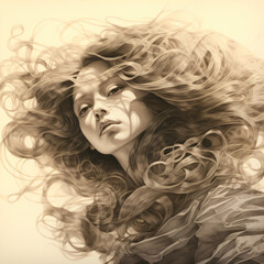 A sepia pencil drawing of a woman with long flowing hair