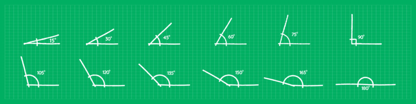 different angle degrees doodle vector illustration. obtuse acute mathematical 30, 45, 60, 90, 120, 180 degree triangle. measure and geometric math symbol collection set. Educational school learning