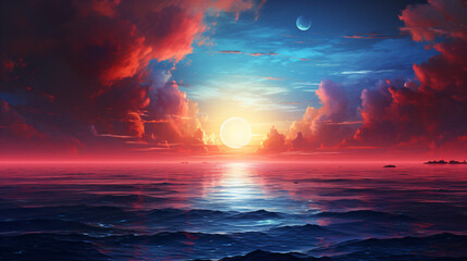 Fototapeta premium A red and blue sunset over the ocean with the sun and moon