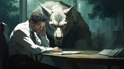A man sitting at a table reading with a menacing wolf convincing him - obrazy, fototapety, plakaty