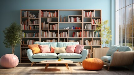 Interior design of modern living room with pink sofa, coffee table and bookcase