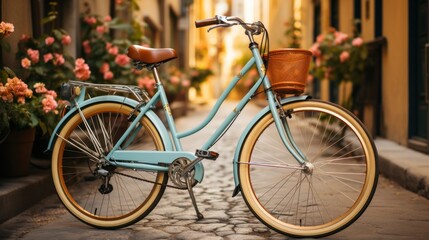 Fototapeta na wymiar Vintage bicycle in the park with flowers in the basket, vintage tone