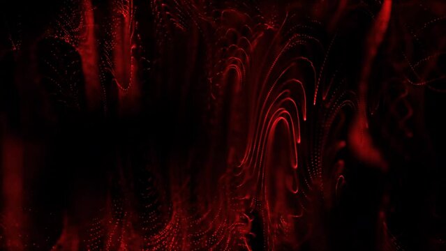 Abstract technology and science background. Geometric  red color background technology background dynamic wave pattern dark digital particles background.