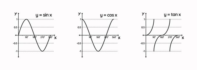 Trigonometric Sin Cos Tan Function Graph Diagram. goniometric mathematical function sine, cosine, tangent graph wave vector illustration.