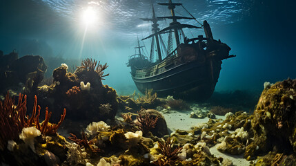 Underwater view of an old sunken ship on the seabed, Pirate ship and coral reef in the ocean - obrazy, fototapety, plakaty