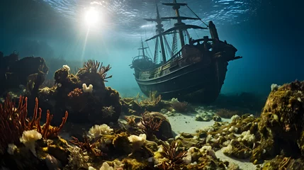 Papier Peint photo Naufrage Underwater view of an old sunken ship on the seabed, Pirate ship and coral reef in the ocean