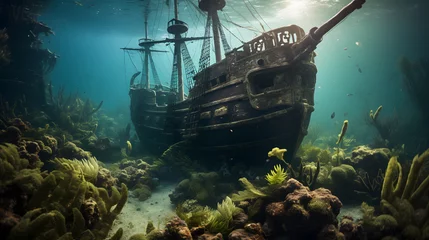 Fotobehang Underwater view of an old sunken ship on the seabed, Pirate ship and coral reef in the ocean © wing
