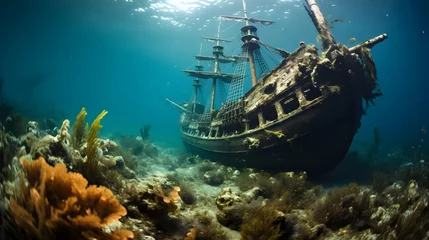 Poster Underwater view of an old sunken ship on the seabed, Pirate ship and coral reef in the ocean © wing