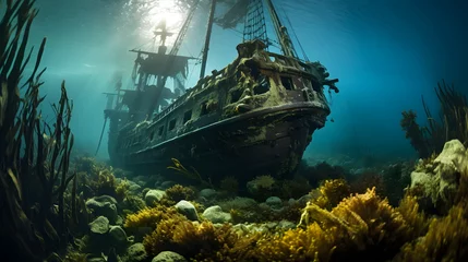 Tuinposter Underwater view of an old sunken ship on the seabed, Pirate ship and coral reef in the ocean © wing