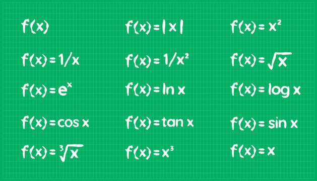 function equation formula fx f(x) icon hand drawn doodle vector illustration collection set. Linear, constant, logarithmic, exponential, square root, logistic, trigonometric function