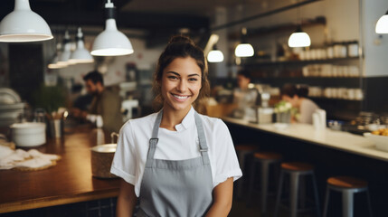 Head Chef, female and portrait of business woman standing arms crossed in a restaurant kitchen. Confident, skilled and professional worker looking at camera for owner, career or hospitality occupatio - obrazy, fototapety, plakaty