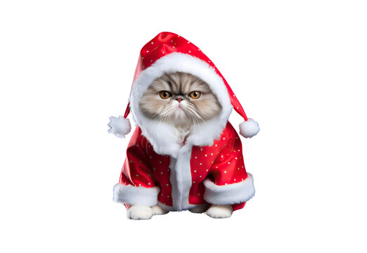 Smiling Persian cat wearing a Christmas outfit. No shadows, highest details, sharpness throughout the image, highest resolution