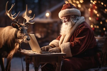Santa use laptop, reindeer with sled. Generative AI. - obrazy, fototapety, plakaty