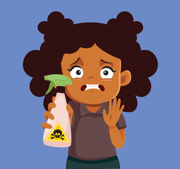 Child Holding a Toxic Recipient Feeling Unsafe Vector Cartoon Illustration. Little girl having access to chlorine -based household detergents
