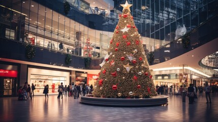 A giant Christmas tree in the middle of a shopping mall . Generative AI. - obrazy, fototapety, plakaty