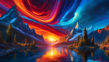 Beautiful abstract oil painting of a sunset landscape over the sea
