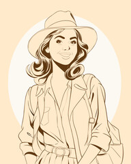 , Vintage illustration of a beautifully smiling woman on a travel adventure. line art Illustration of a Lovely Tourist