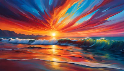 Poster Im Rahmen Beautiful abstract oil painting of a sunset landscape over the sea © Perecciv