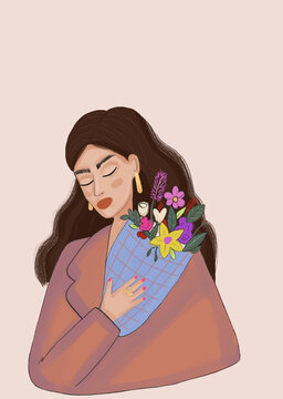 Mujer con c&aacute;rdigan abrazando ramo de flores