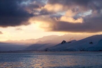 sunset over the Antarctic mountains